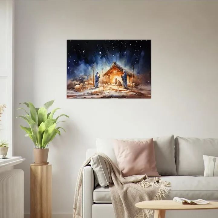 Starry Night Nativity Christian Canvas Wall Art