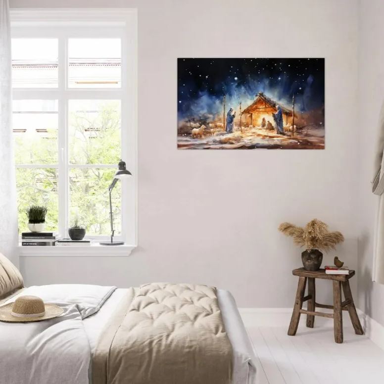 Starry Night Nativity Christian Canvas Wall Art