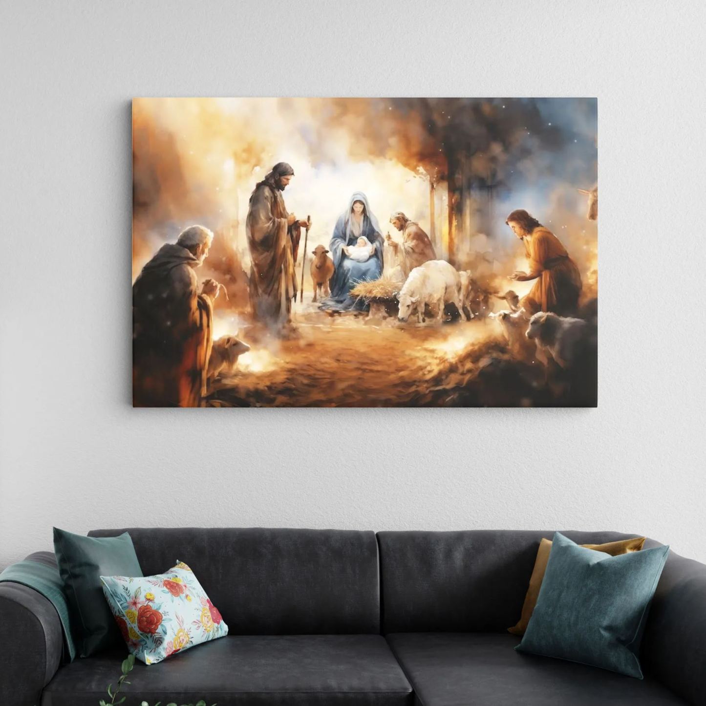 The Nativity Scene Boho Christian Canvas Wall Art