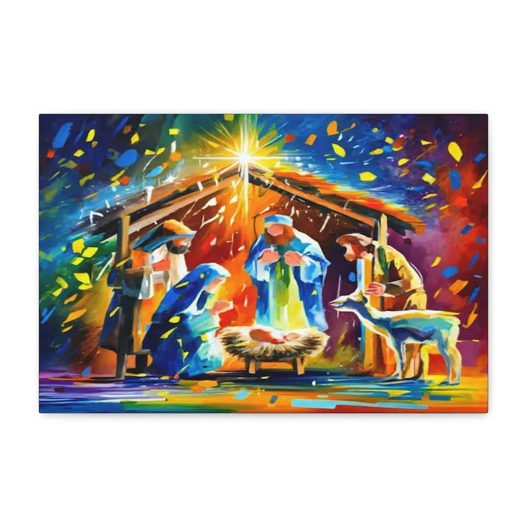 Colorful Jesus Born Christian Canvas Wall Art