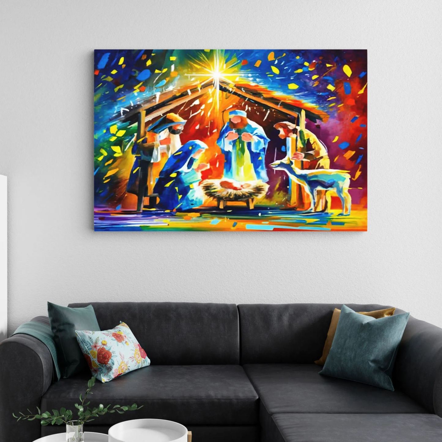 Colorful Jesus Born Christian Canvas Wall Art