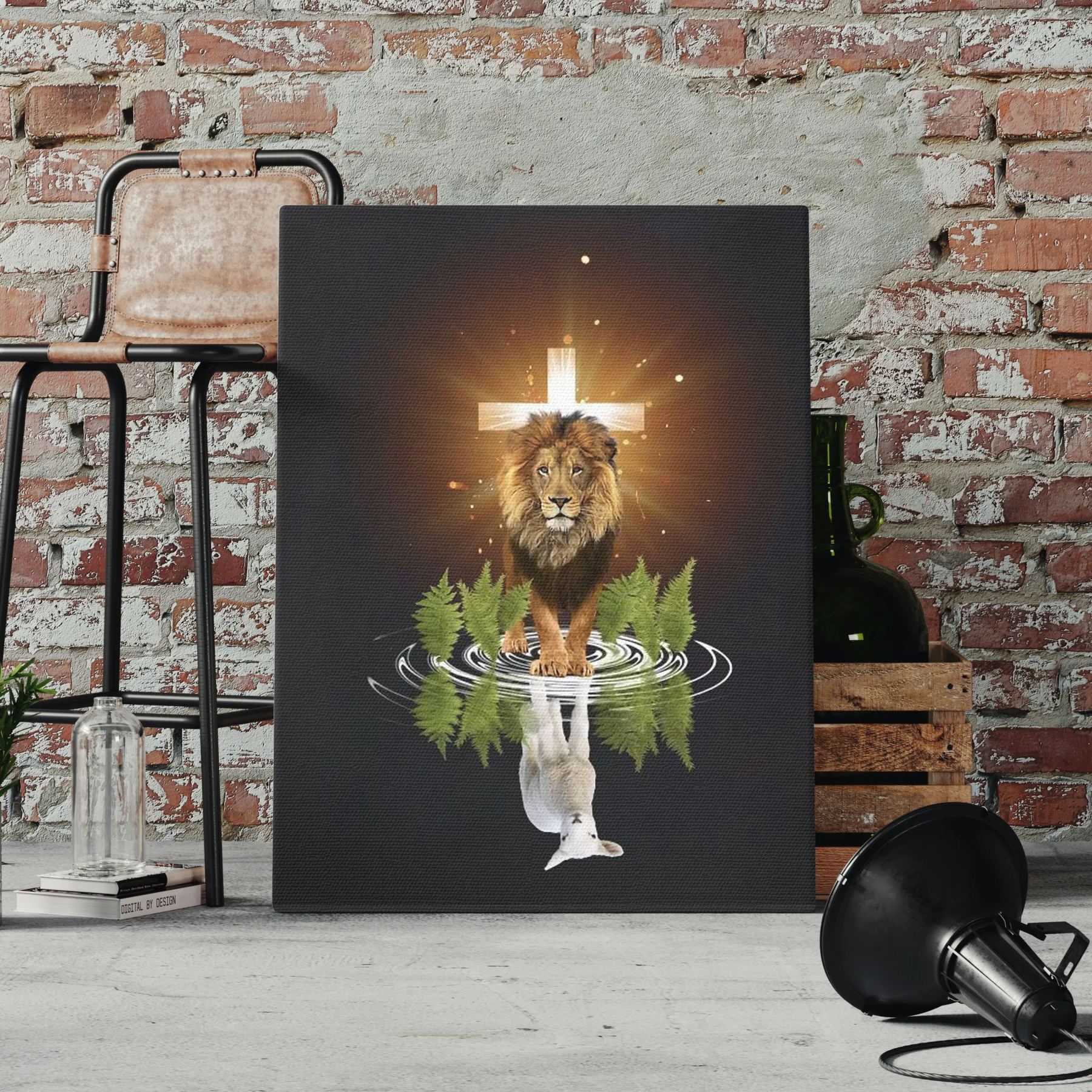 Light Cross With Lion Christian Canvas Wall Art