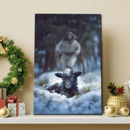 Jesus Running To Rescue A Lost Sheep In A Snowy Forest Canvas Wall Art