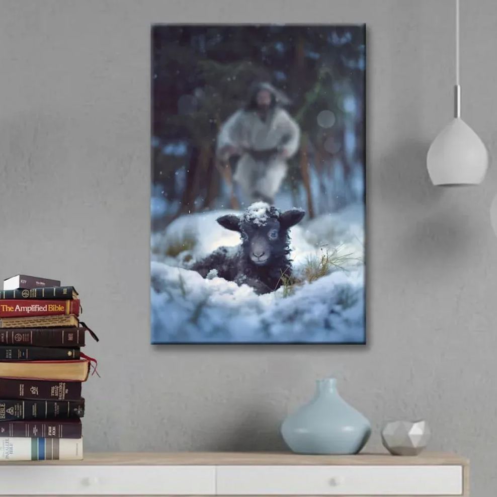 Jesus Running To Rescue A Lost Sheep In A Snowy Forest Canvas Wall Art