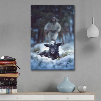 Jesus Running To Rescue A Lost Sheep In A Snowy Forest Canvas Wall Art
