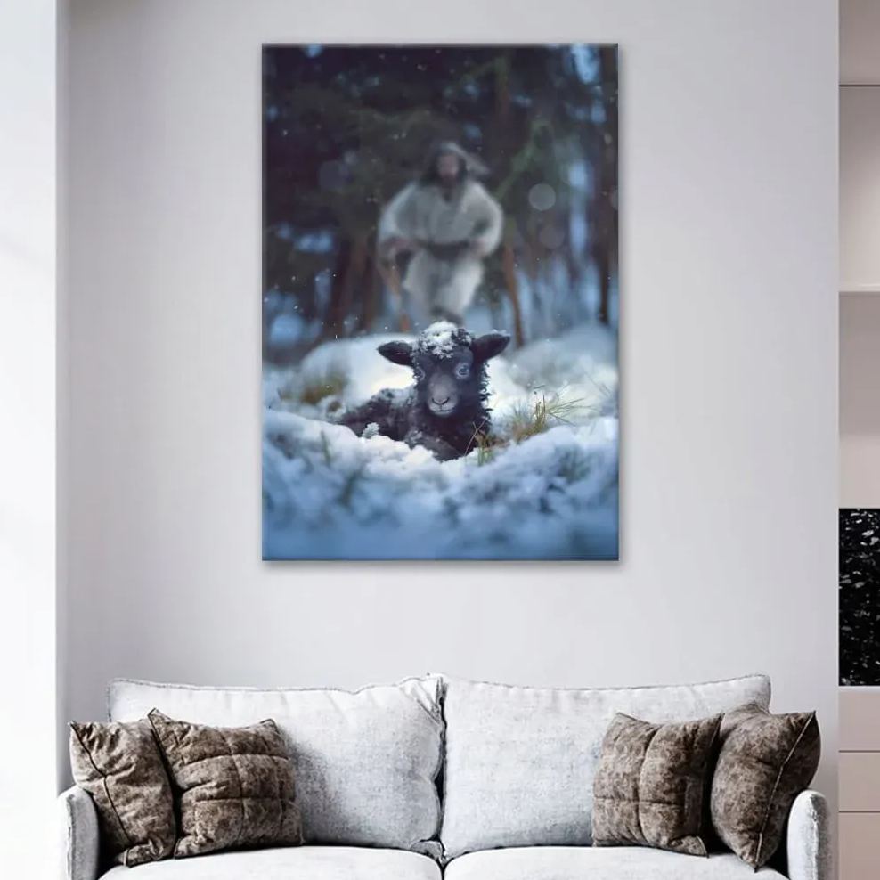 Jesus Running To Rescue A Lost Sheep In A Snowy Forest Canvas Wall Art