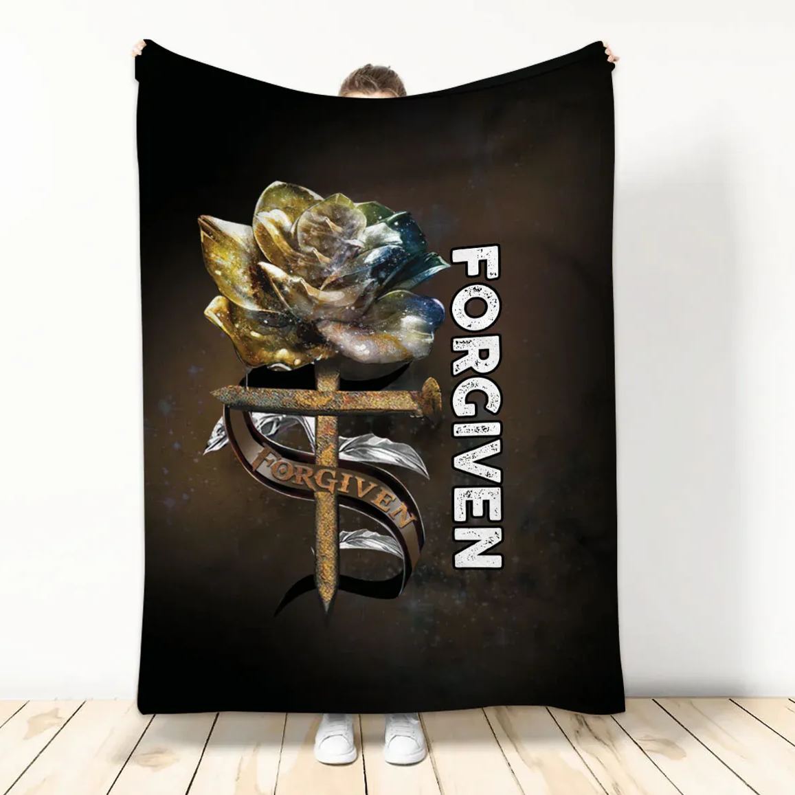 Jesus God Forgiven Rose Rosy Floral Fleece Blanket