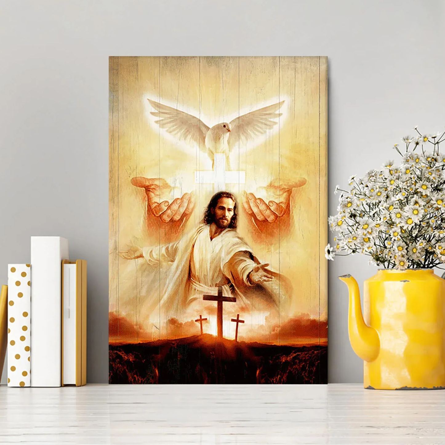 Beautiful Dove Pray For Healing Jesus's Hand Cross Canvas Wall Art
