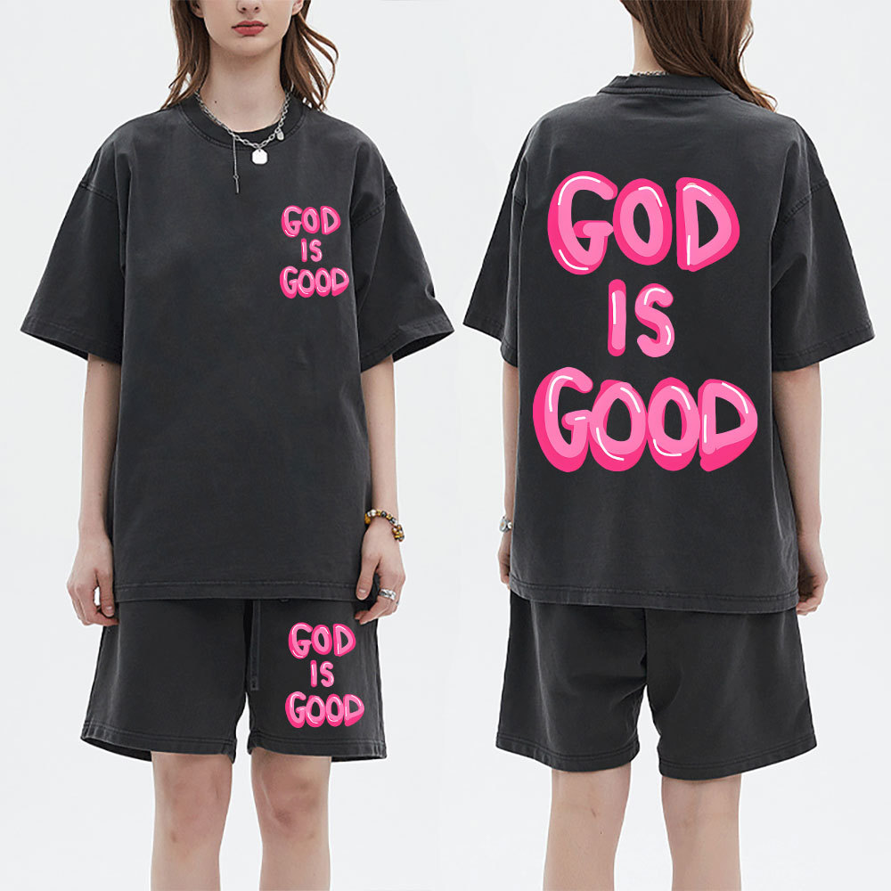 God Is Good Christian Washed T-Shirt & Shorts