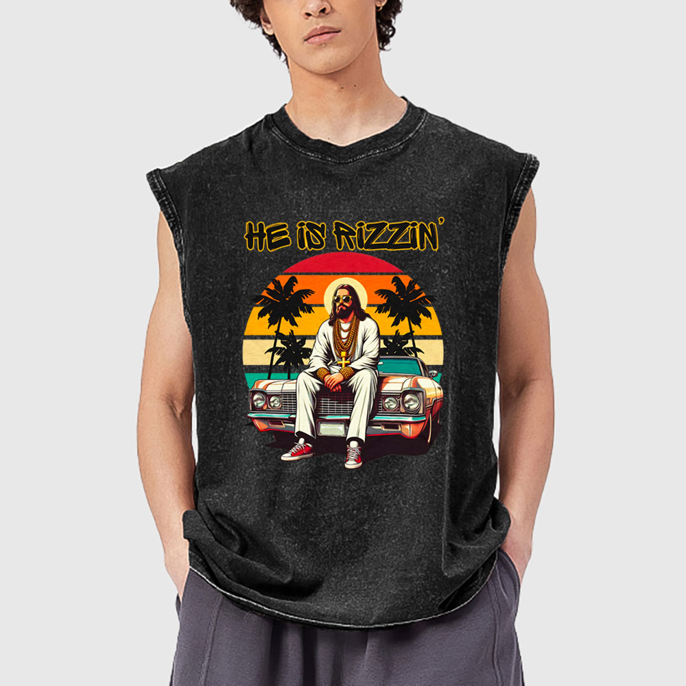 He Is Rizzen Christian Washed Tank Top