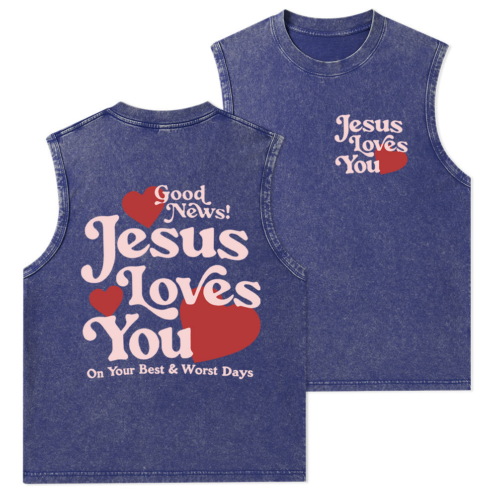 Good News Jesus Loves You Christian Washed Tank Top
