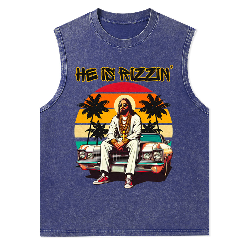 He Is Rizzen Christian Washed Tank Top