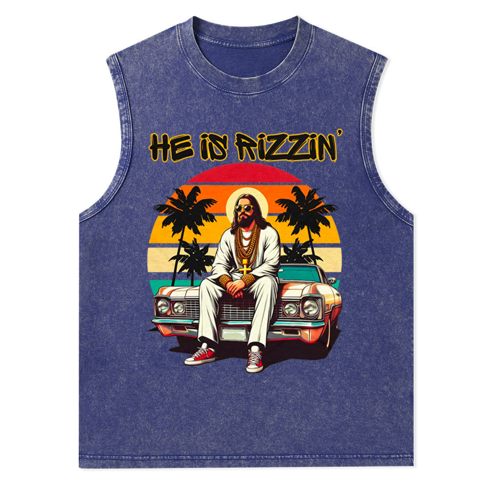He Is Rizzen Christian Washed Tank Top