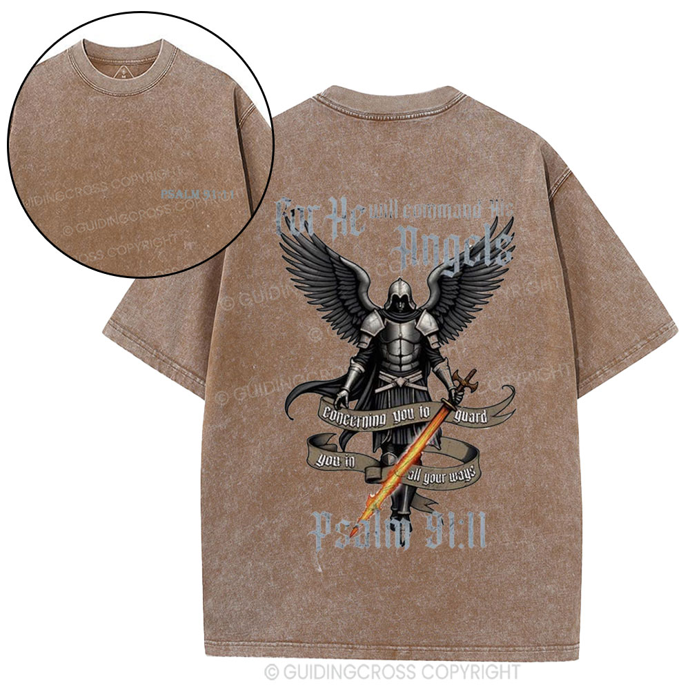 For He Will Command His Angels Christian Washed T-Shirt
