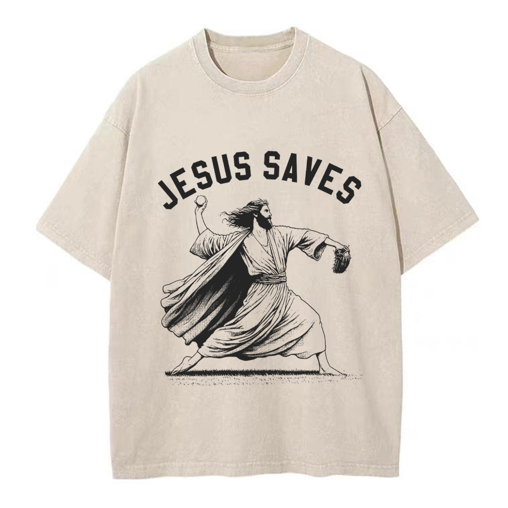 Jesus Saves Baseball Washed T-Shirt