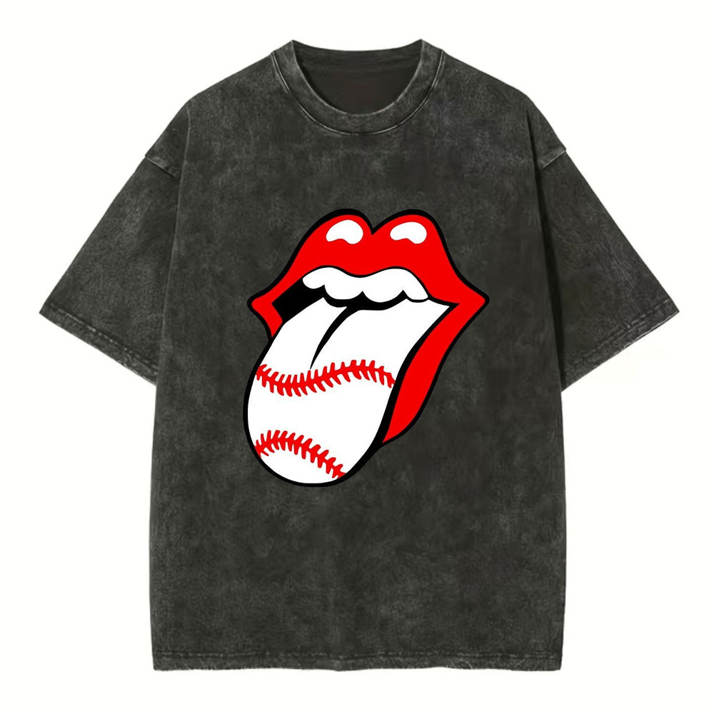 Baseball Mouth Rock And Roll Baseball Washed T-Shirt