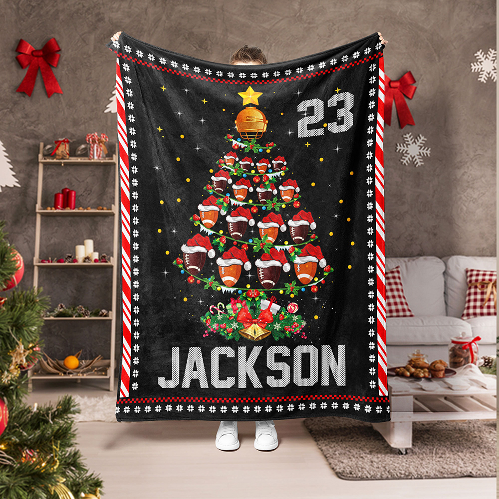 Personalized Name And Number Christmas Football Blanket
