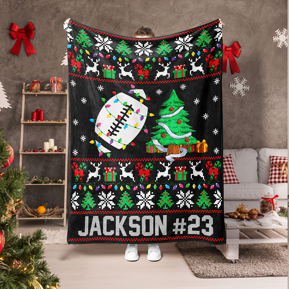 Personalized Name And Number Christmas Football Blanket