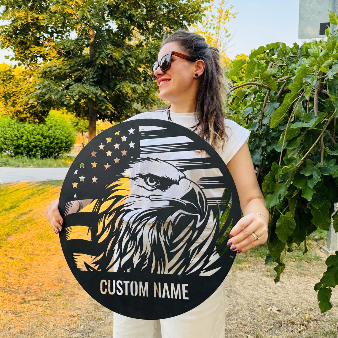 定制鹰形美国国旗金属标牌，美国国旗礼品，个性化姓名标牌，7月4日礼品，秃鹰标牌，爱国墙饰，退伍军人礼品 图片15