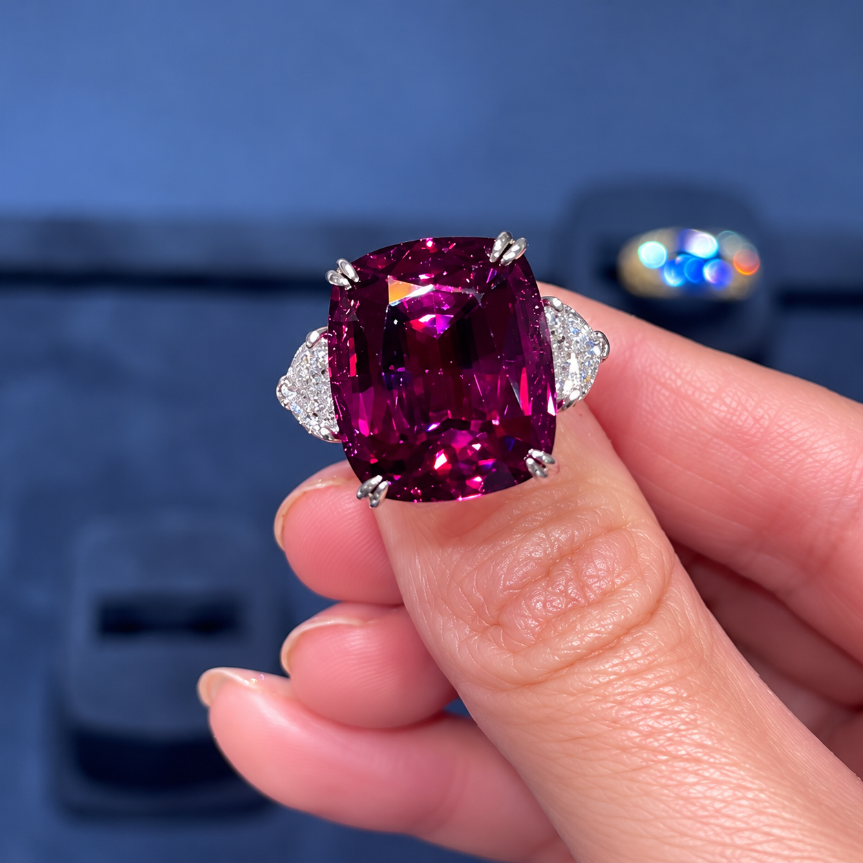 4ct Cushion Cut Ruby Sapphire Three Stone Ring