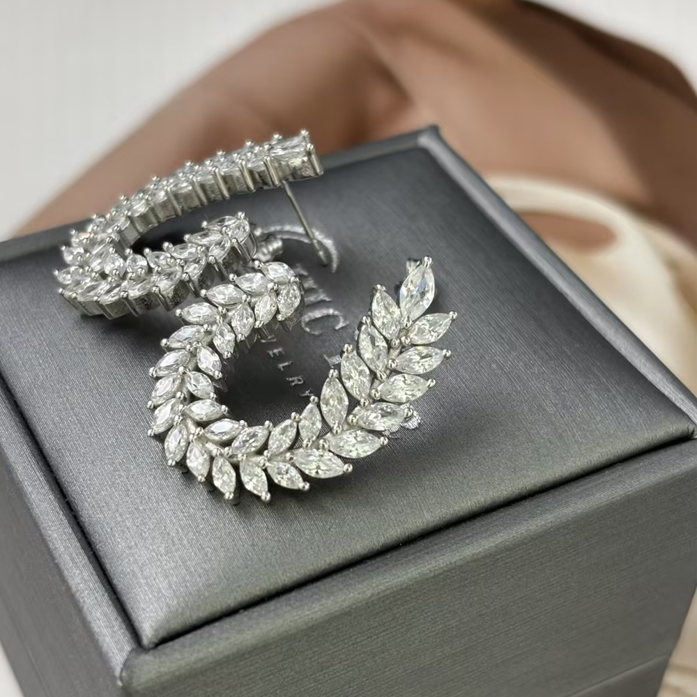 Leaf Design Marquise Cut White Sapphire Hoop Earrings