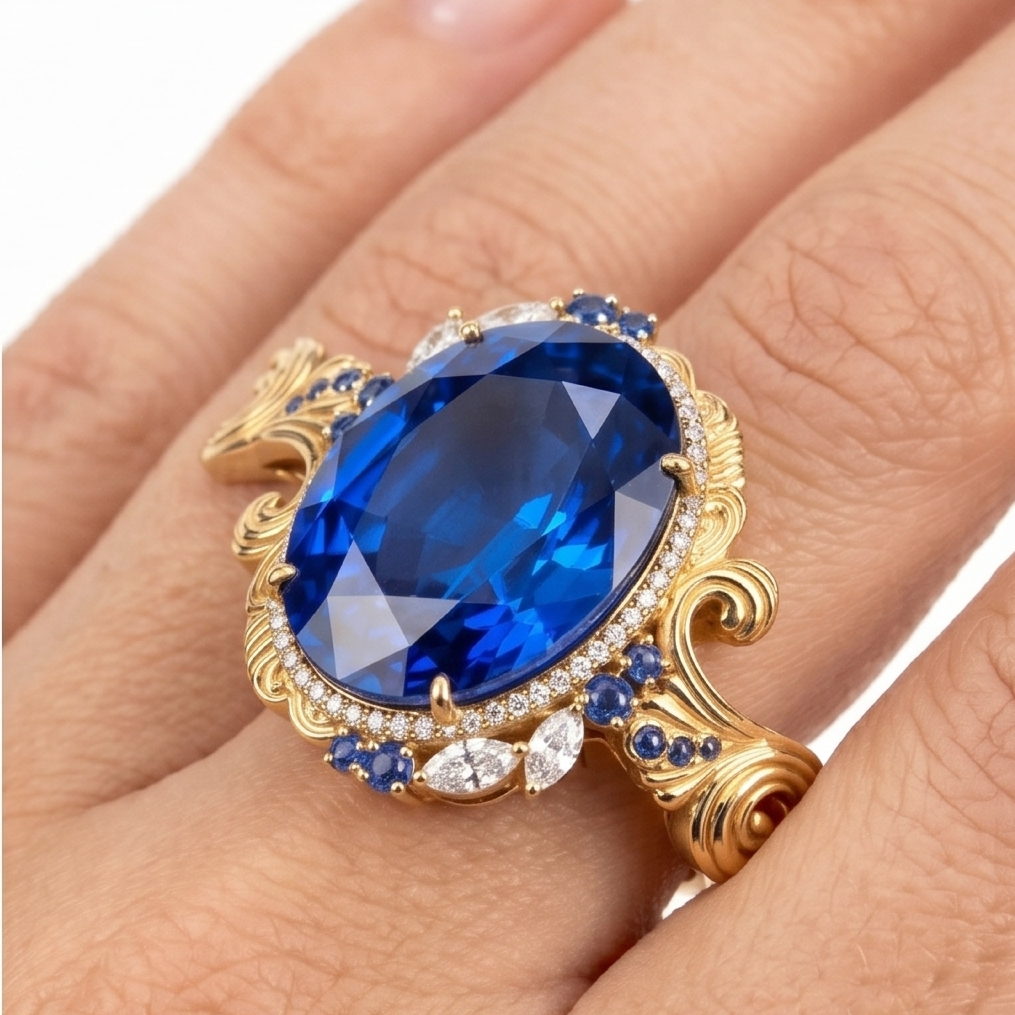 Original Design - 3.5ct Oval Cut Blue Sapphire Engagement Ring
