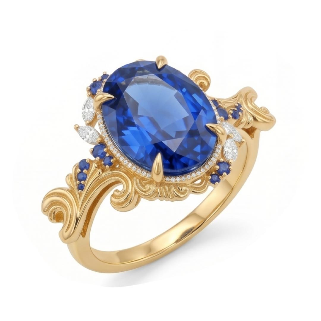 Original Design - 3.5ct Oval Cut Blue Sapphire Engagement Ring