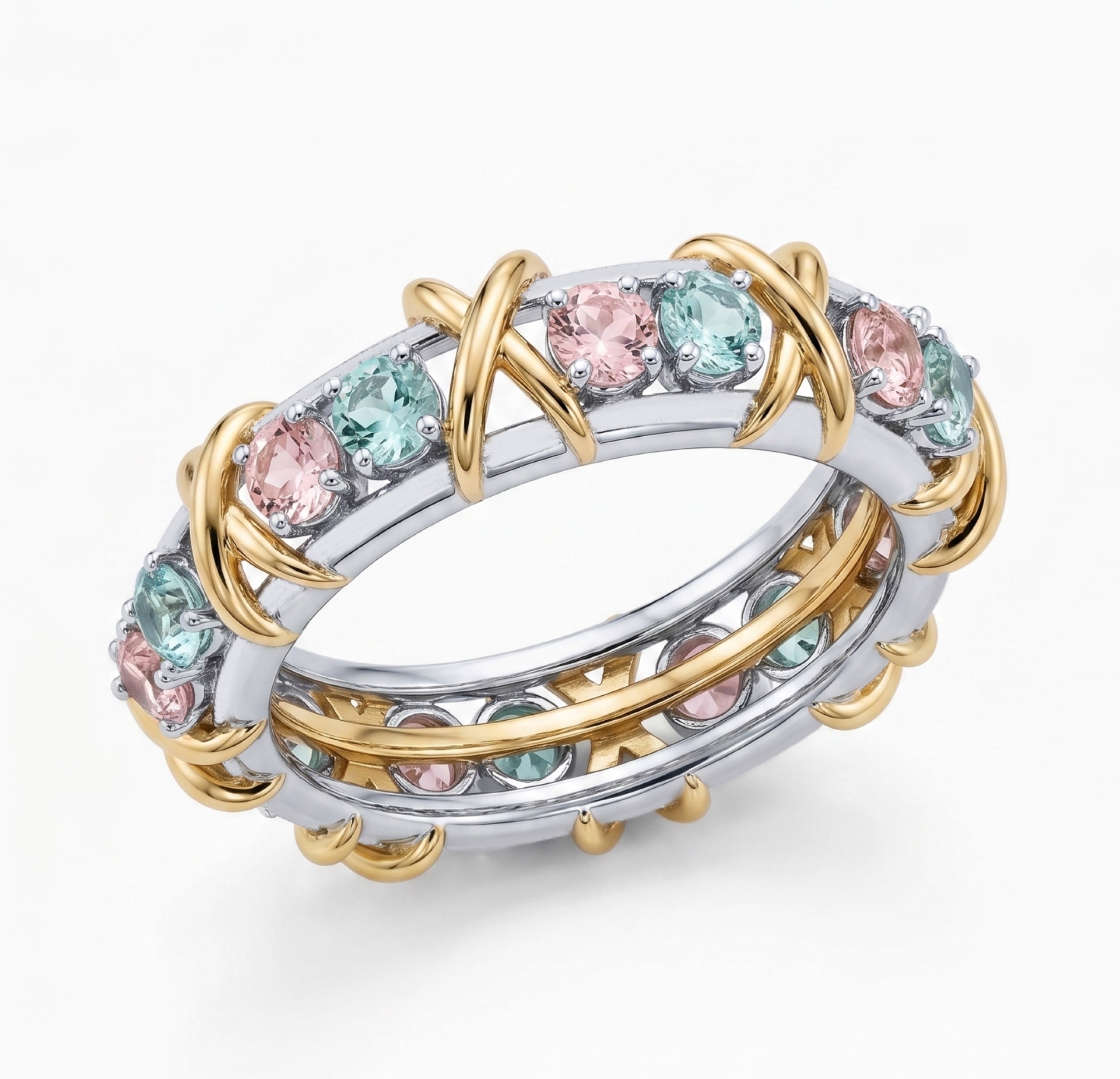 Luxury 16-stone Pink & Aquamarine Sapphire Band