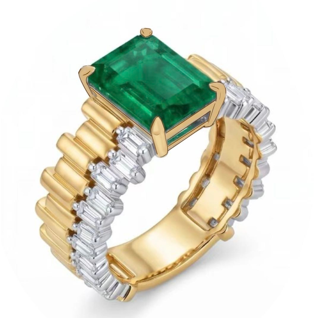 Original Design - 3ct Emerald Cut Emerald Sapphire Engagement Ring