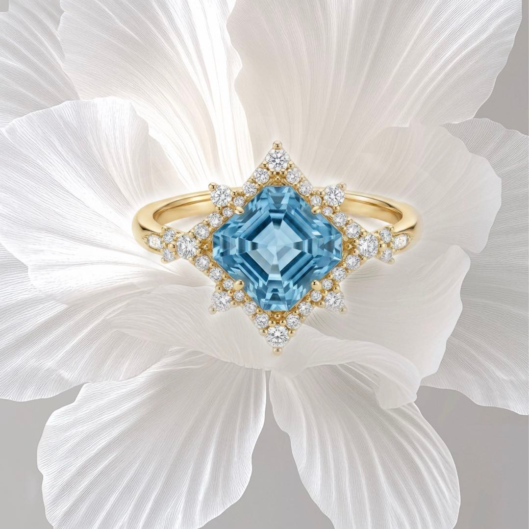 Original Design - 3ct Asscher Cut Aquamarine Sapphire Engagement Ring