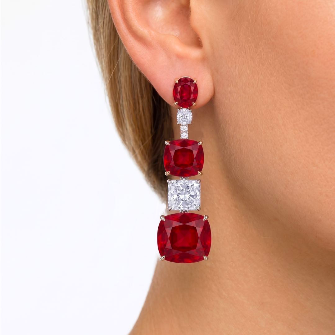 Original Design - Fashion Ruby & White Sapphire Dangle Earrings