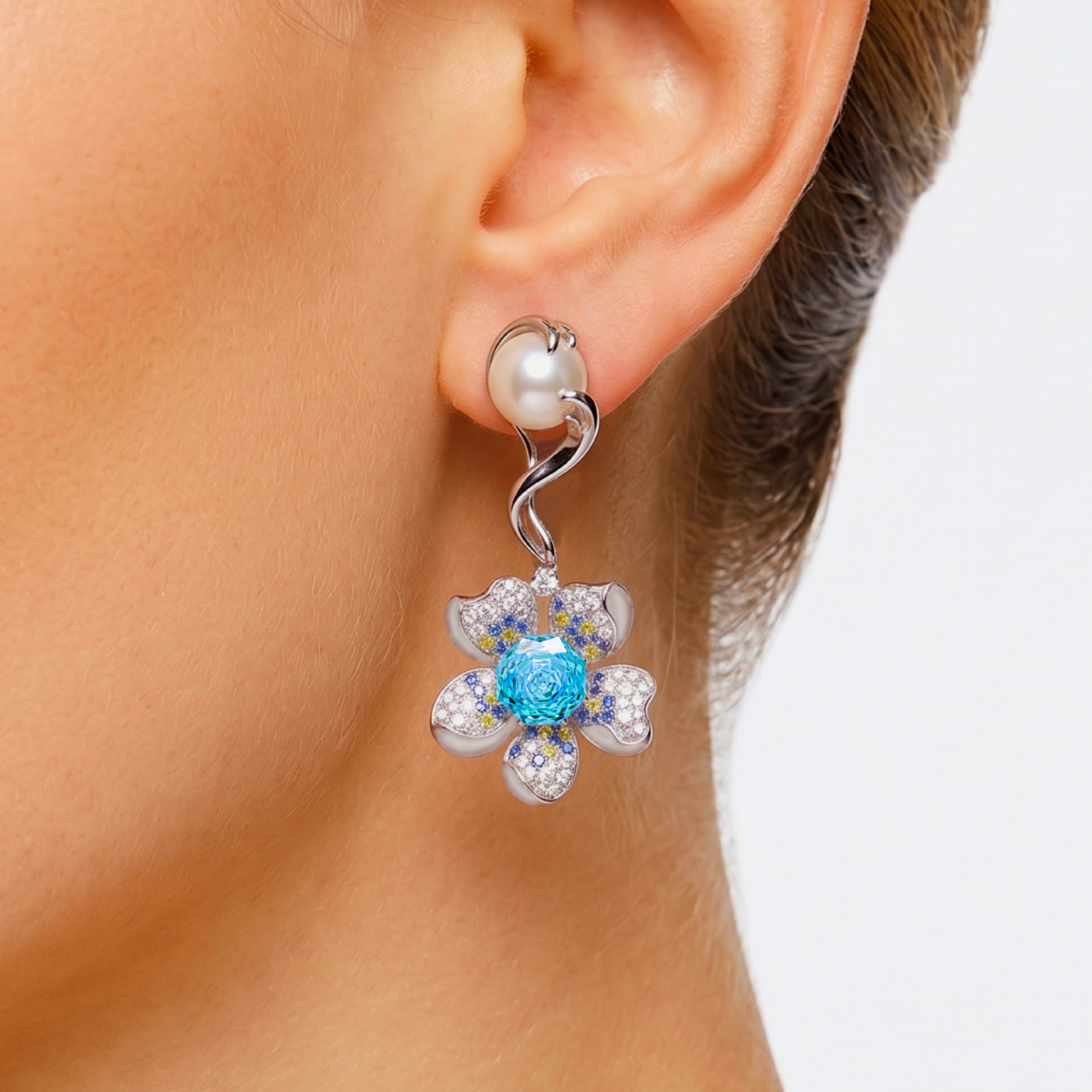 Original Design - Rose Cut Aquamarine Sapphire Flowers Dangle Earrings