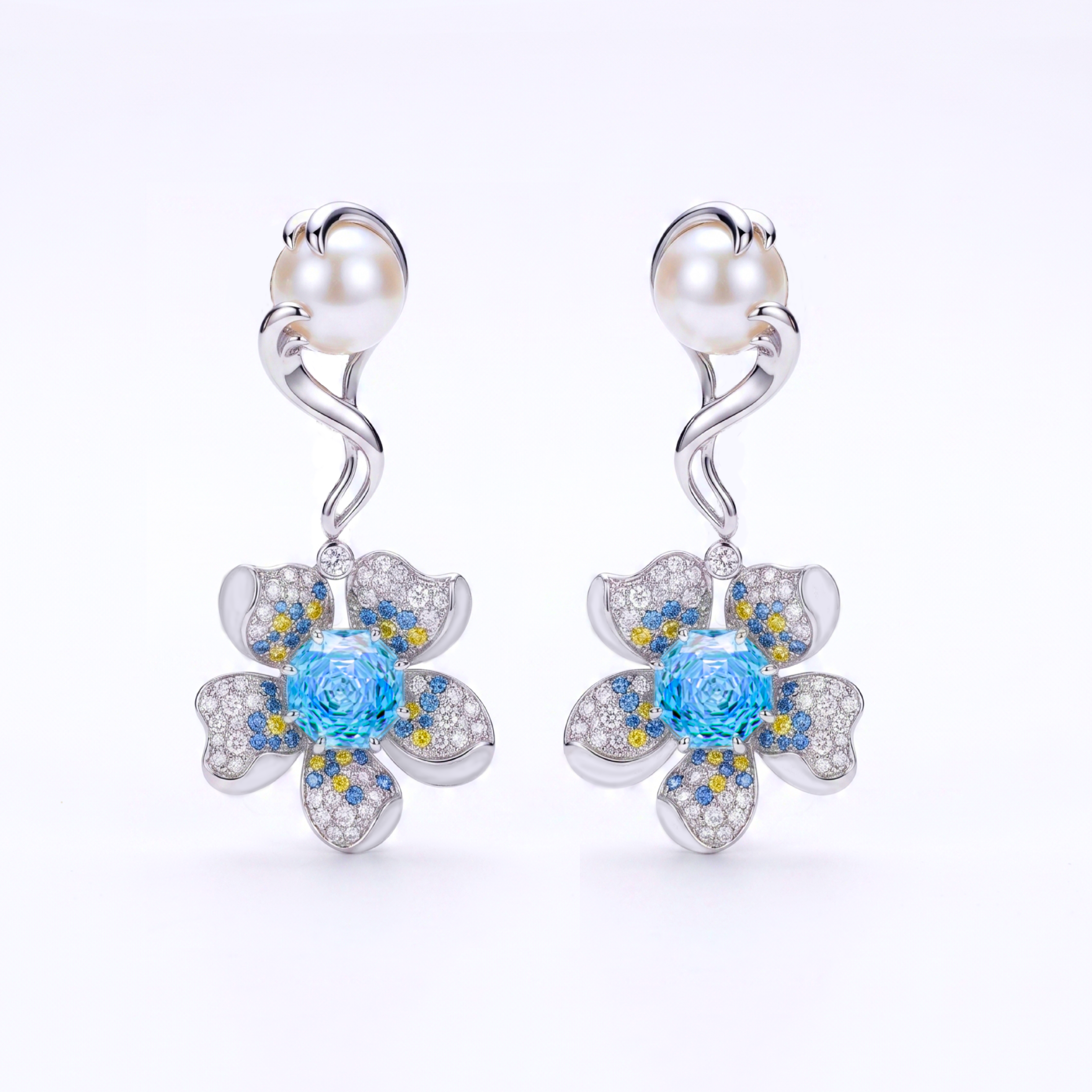 Original Design - Rose Cut Aquamarine Sapphire Flowers Dangle Earrings