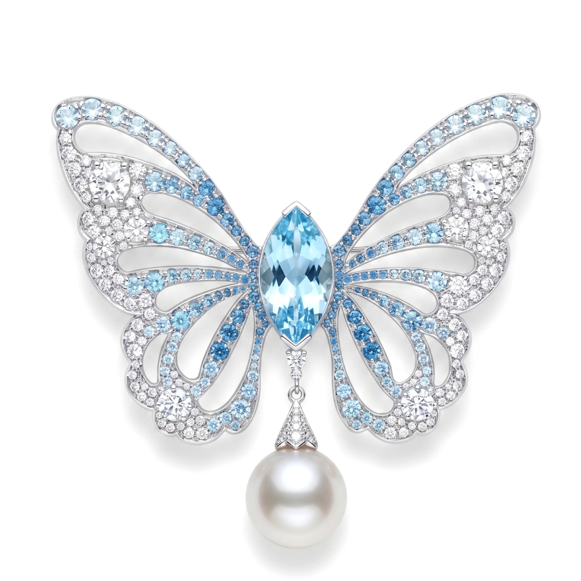 Original Design - Marquise Cut Aquamarine Sapphire & Fresh Water Pearl Butterfly Brooch