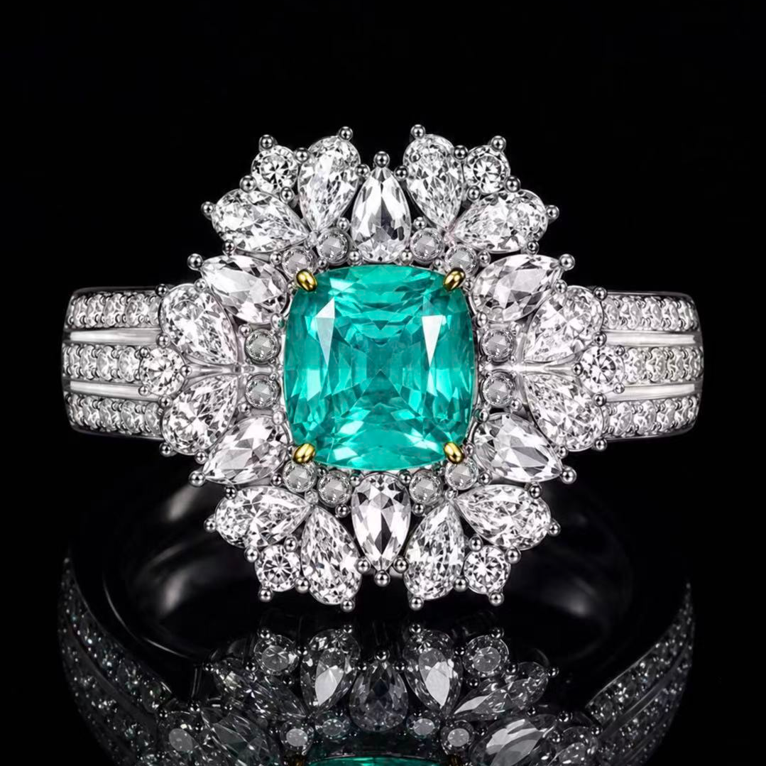 Original Design - Cushion Cut Paraiba Bluish & White Moissanite Engagement Ring