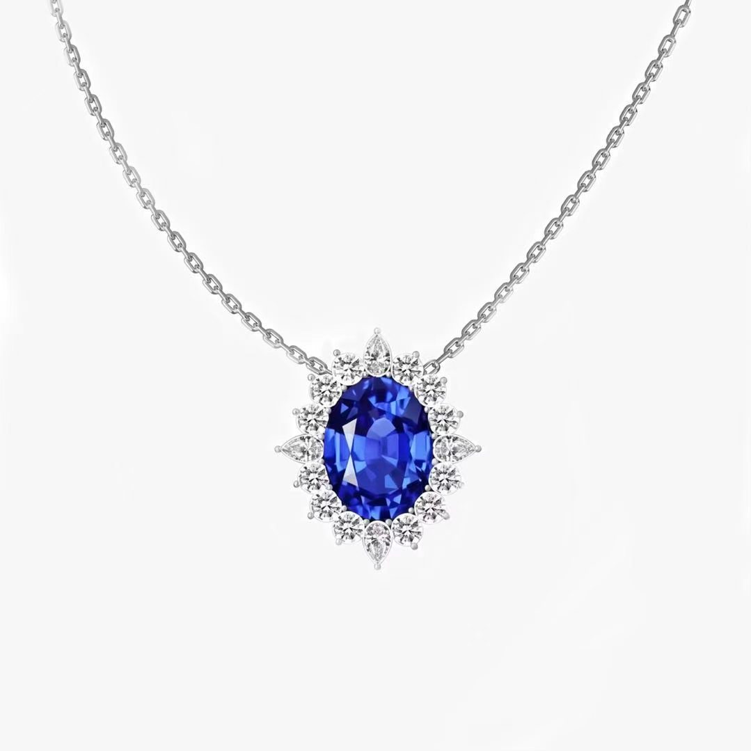 Original Design - Oval Cut Blue Sapphire & White Moissanite Necklace