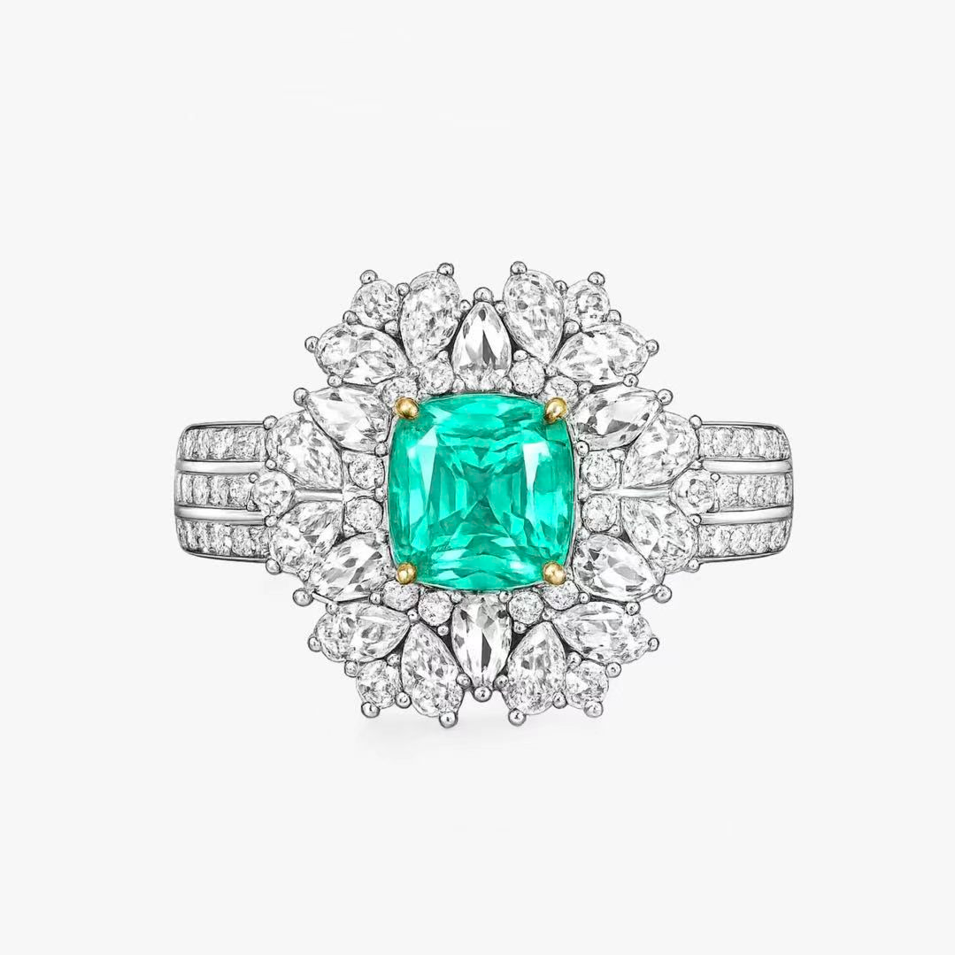 Original Design - Cushion Cut Paraiba Bluish & White Moissanite Engagement Ring