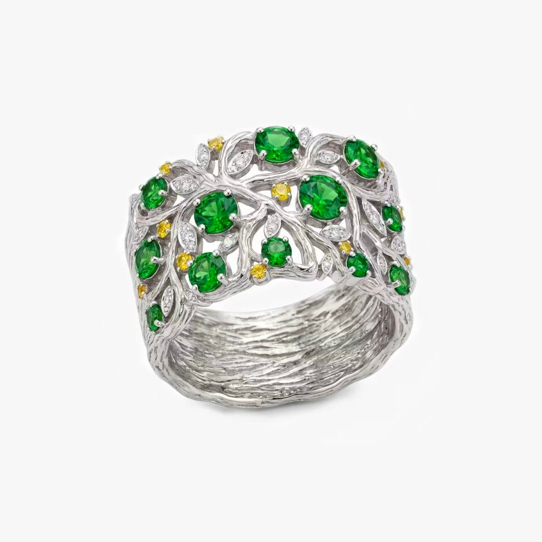Original Design - Round Cut Tsavorite Nature Inspired Band