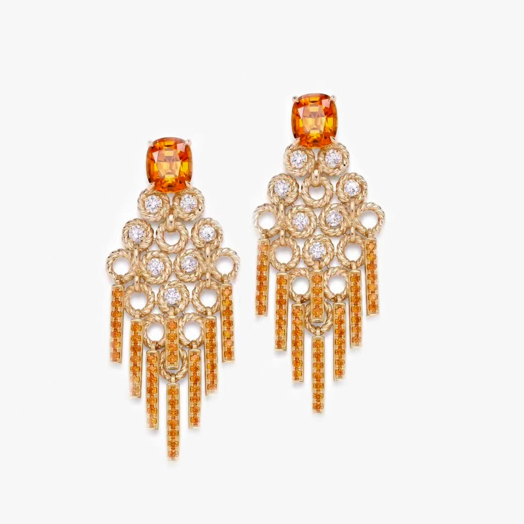 Original Design - Cushion Orange & White Moissanite Dangle Earrings