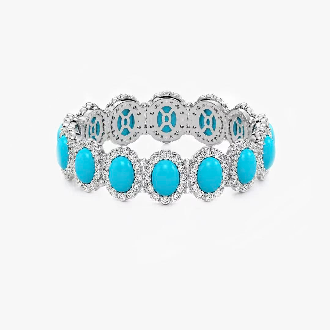 Original Design - Oval Cut Turquoise & White Moissanite Wedding Band