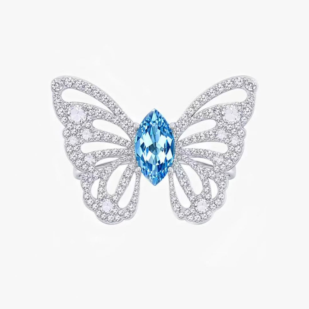 Original Design - Fashion Marquise Cut Aquamarine Sapphire & White Moissanite Engagement Ring