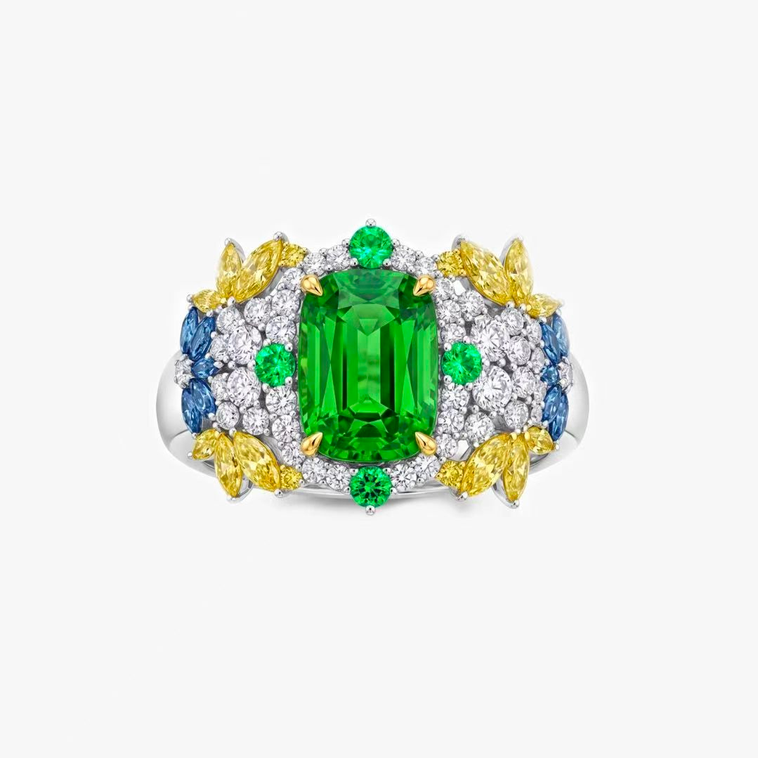 Original Design - Cushion Cut Tsavorite Garden Engagement Ring