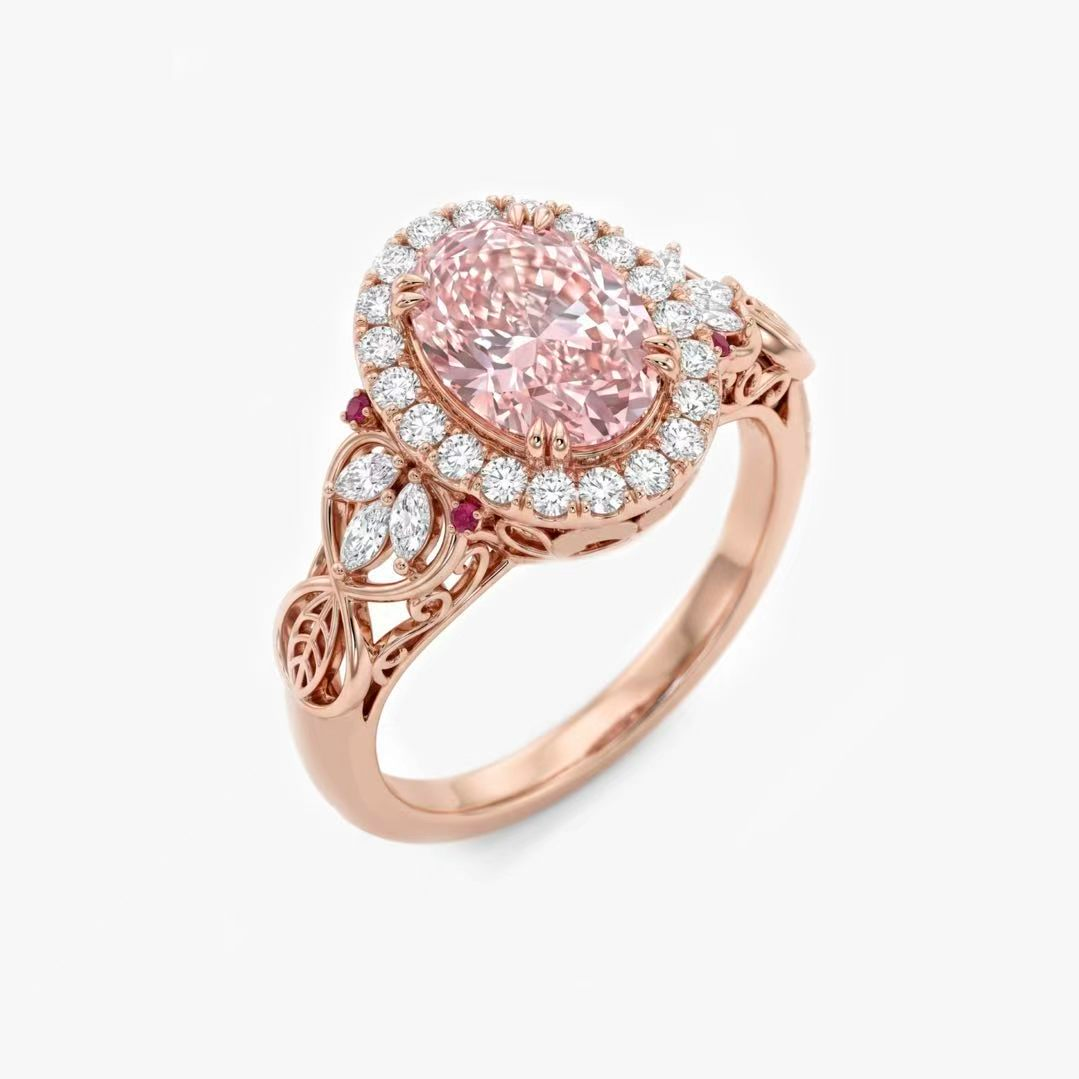Original Design - Oval Cut Pink Sapphire & White Moissanite Engagement Ring