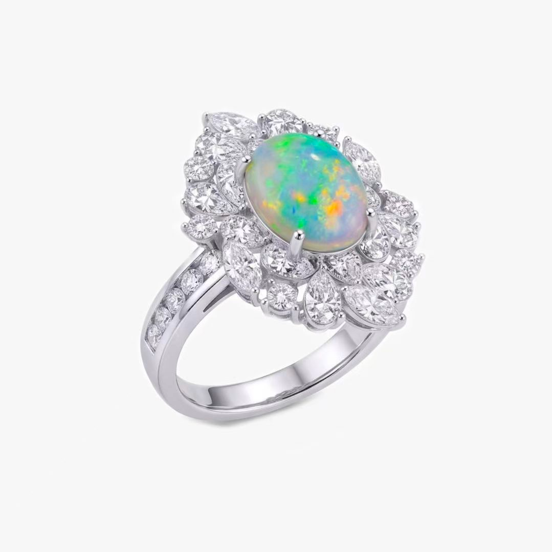 Original Design -  Nature Oval Cabochon Cut Opal & White Moissanite Engagement Ring
