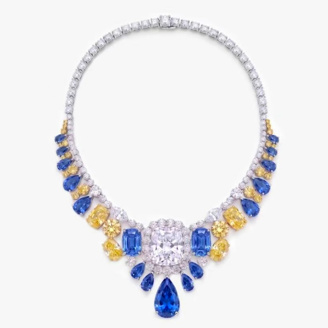 Original Design - Cushion Cut White Moissanite & Colors Sapphire Necklace