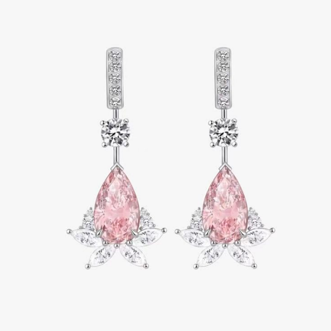 Original Design - Pear Cut Pink Sapphire & White Moissanite Dangle Earrings