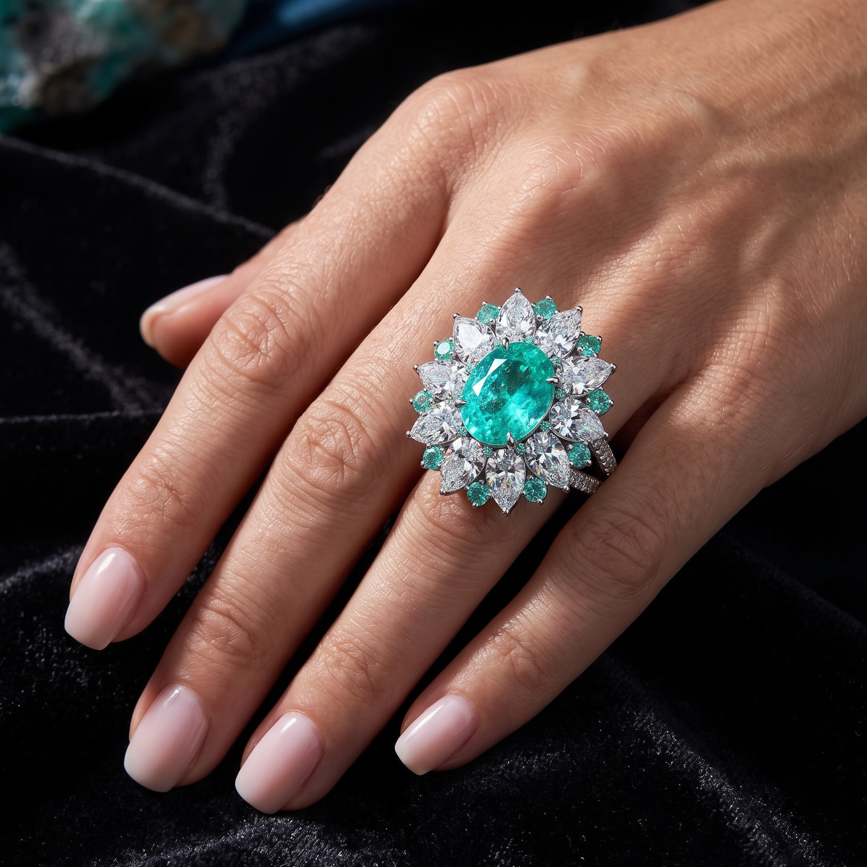 Original Design - 3ct Oval Cut Paraiba Sapphire & White Moissanite Engagement Ring