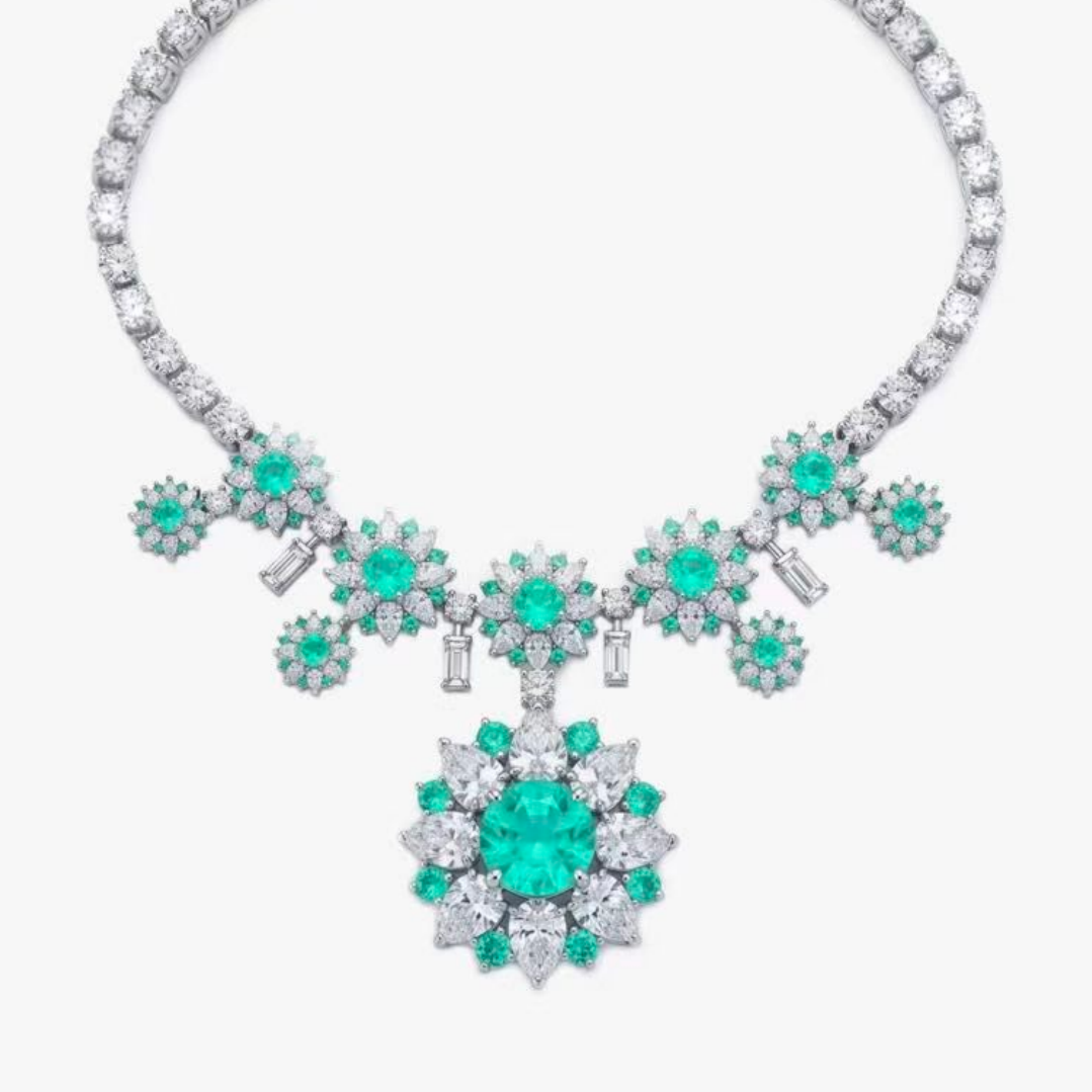 Original Design - Round Cut Paraiba Sapphire & White Moissanite Necklace