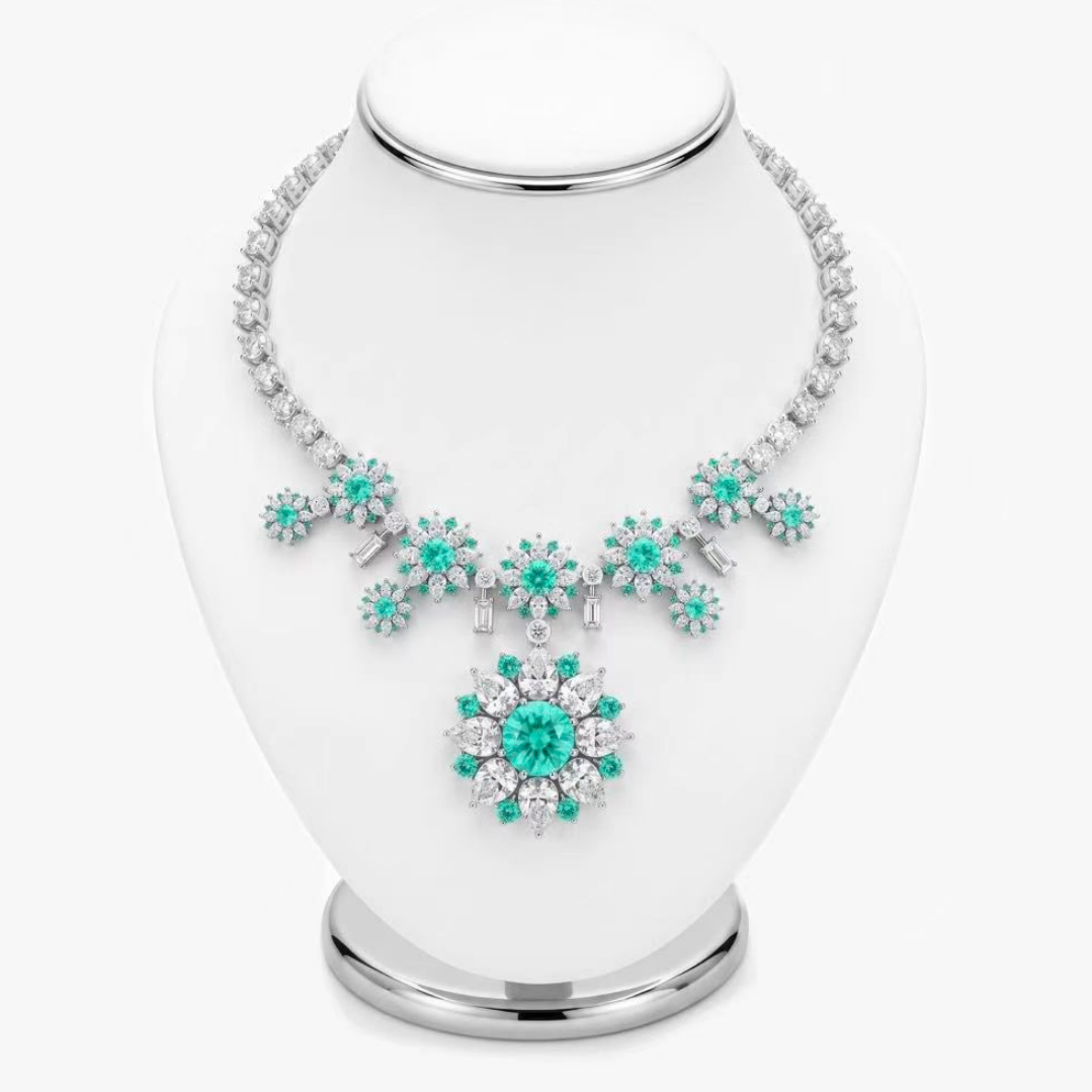 Original Design - Round Cut Paraiba Sapphire & White Moissanite Necklace