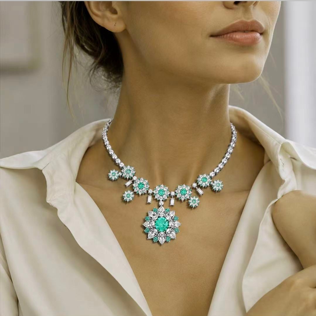 Original Design - Round Cut Paraiba Sapphire & White Moissanite Necklace